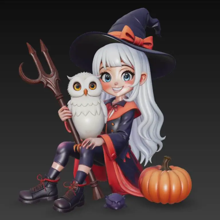 A beautiful witch with an owl and a wand. Anime.