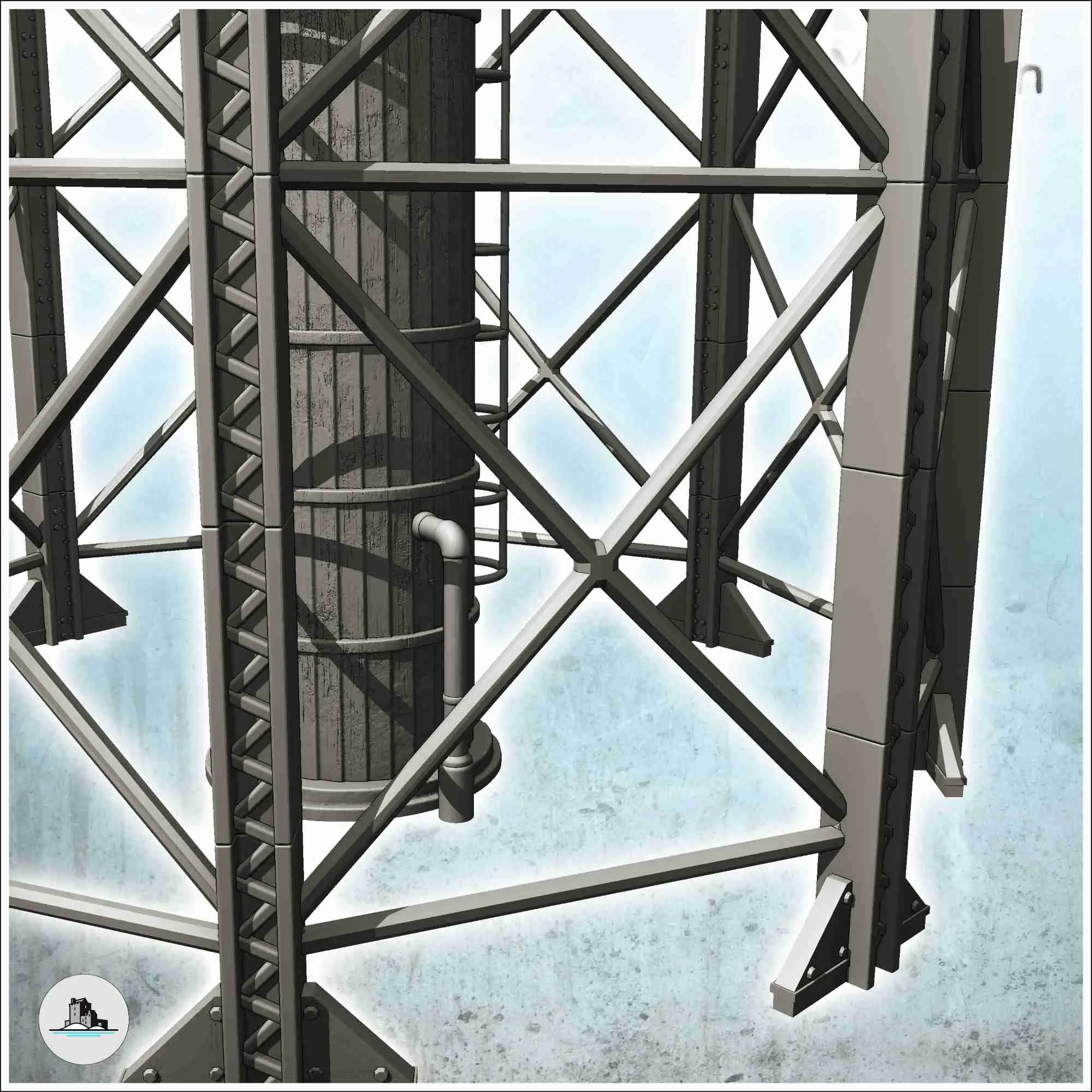 Torre industrial con depósito en la parte superior y estructura metálica (2