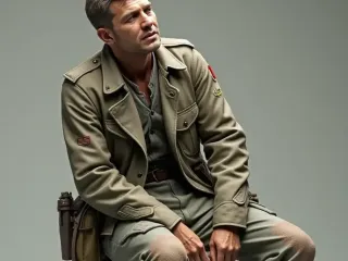 Soldado cansado e sentado 