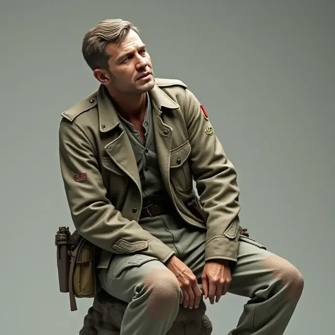 Soldado cansado e sentado 