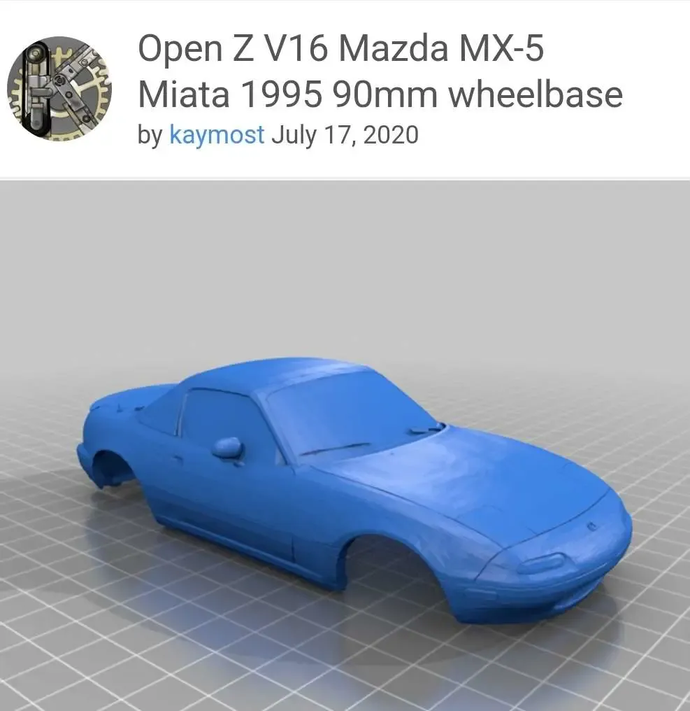 Mazda MX-5 Miata V16 (1995) 90 mm wheelbase
- Thingiverse