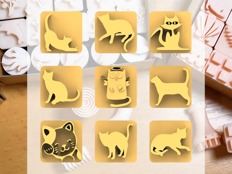 Ceramic Clay Stamp Set – Cats (9 Mini Stamps, 20 mm)