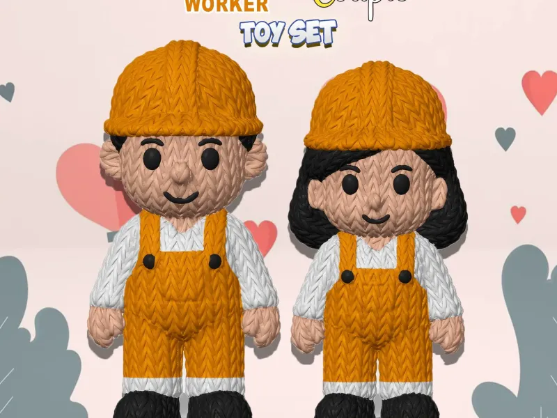 Cute Construction Worker Boy and Girl Couple – Knitted