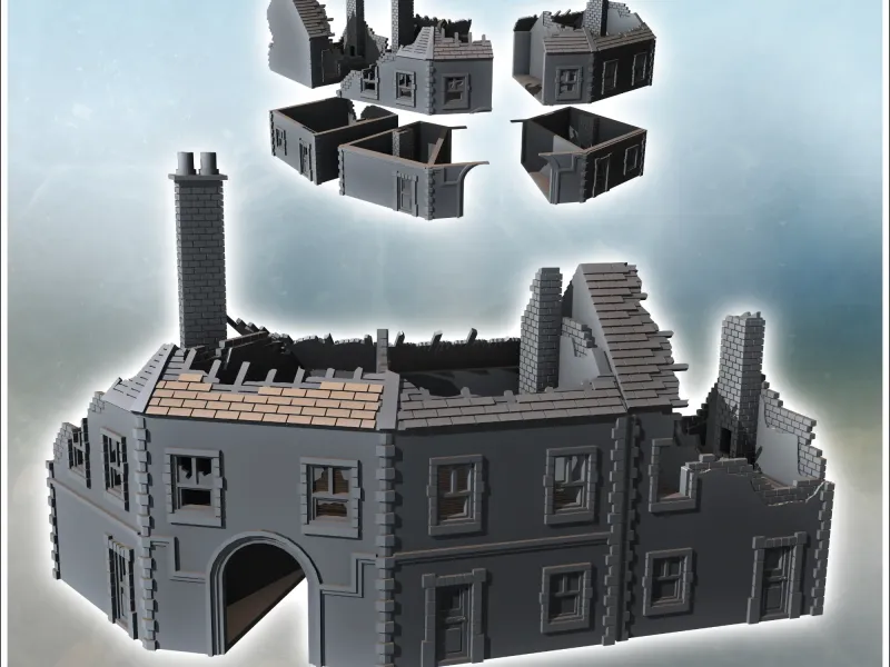 Set of two damaged buildings with a large central arch for p
