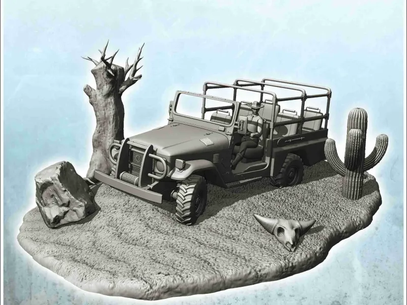 Jeep sablonneuse avec chauffeur dans une scène de désert avec socle (1) - minia