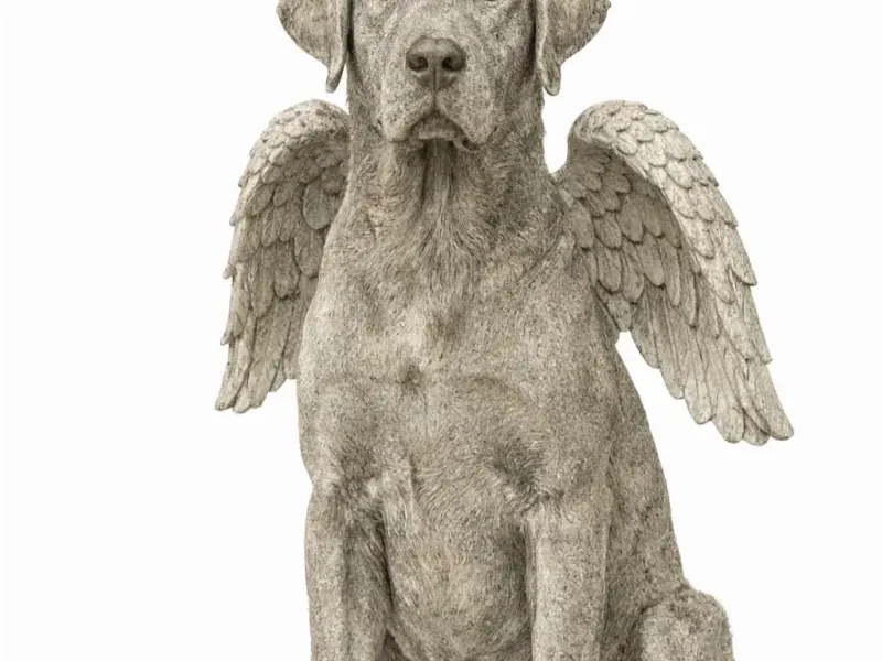 Escultura de perro con alas de ángel conmemoración