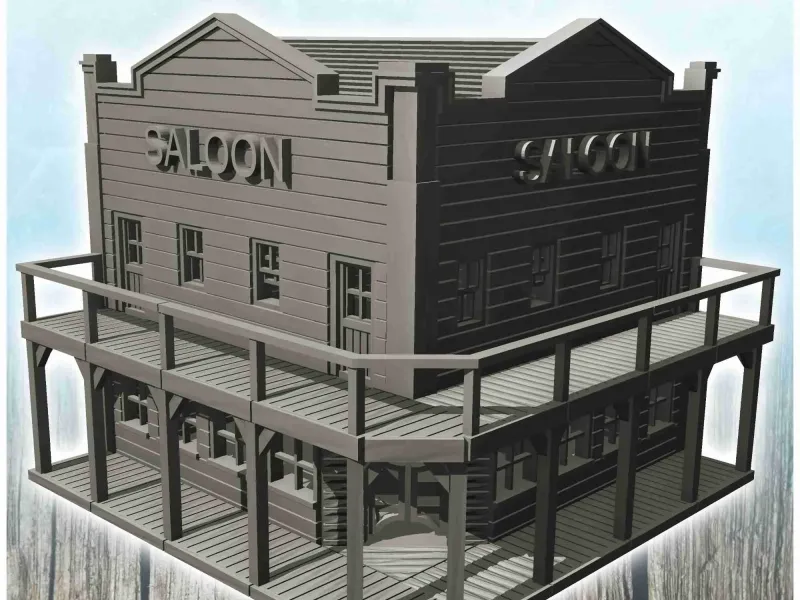 Corner saloon building with wooden balcony (9) - miniatures