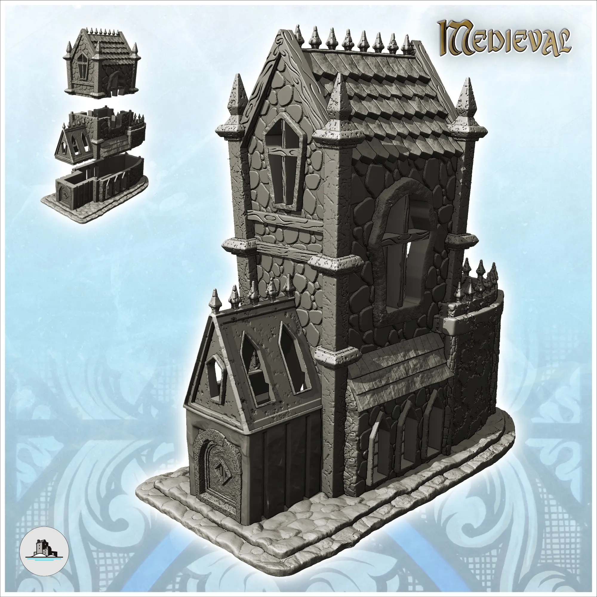 Medieval Gothic building with large stone tower and roof spi