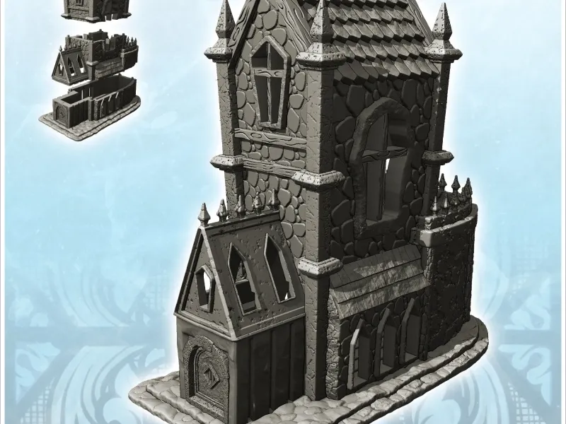 Medieval Gothic building with large stone tower and roof spi