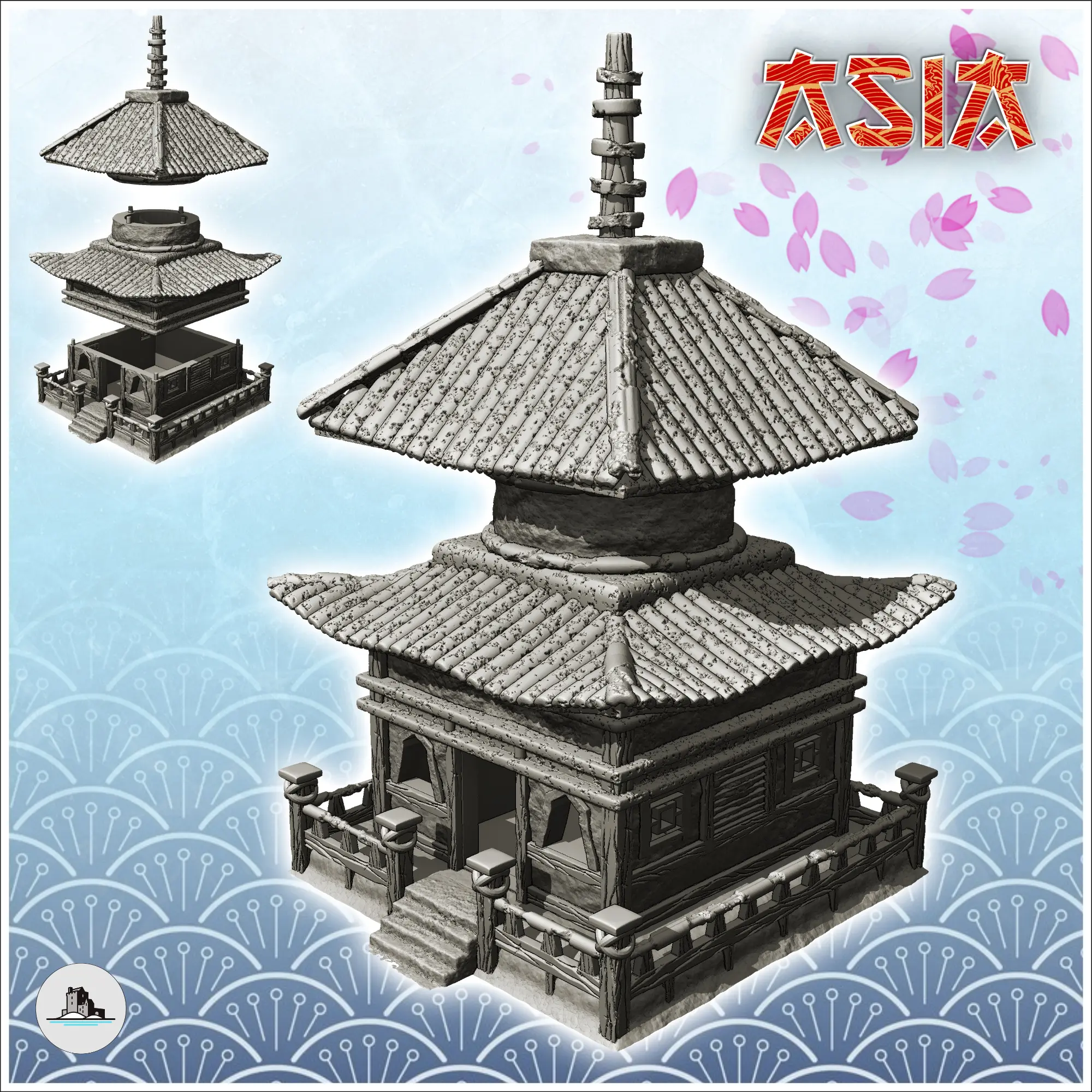 Pagoda oriental con escalera de acceso, tejado doble curvo y