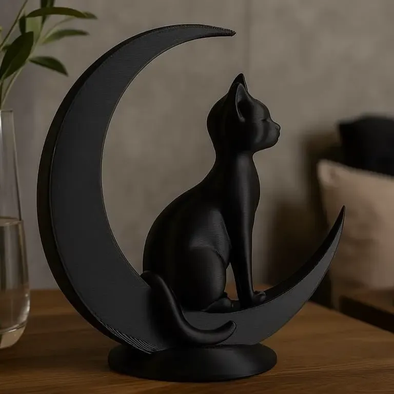 Minimalist Cat Sitting on the Moon Sculpture