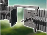 Fortified outpost with log walls, large wooden gate, and def-7