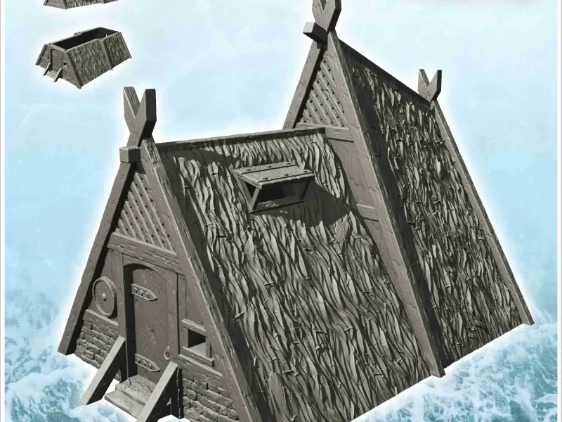 Viking house in stone and wood with thatched roof and window