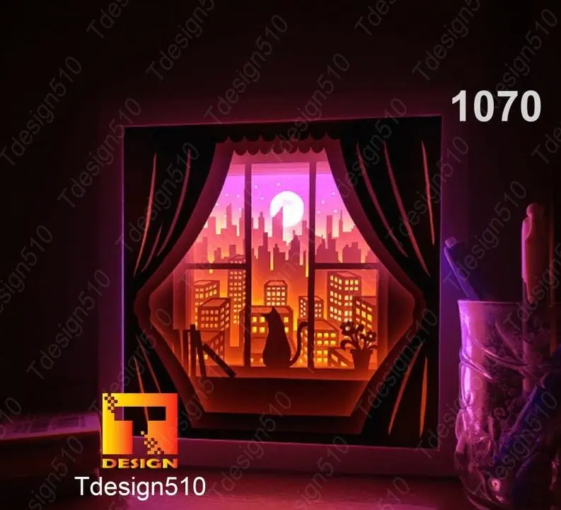 Cat window in the city V2 shadow box