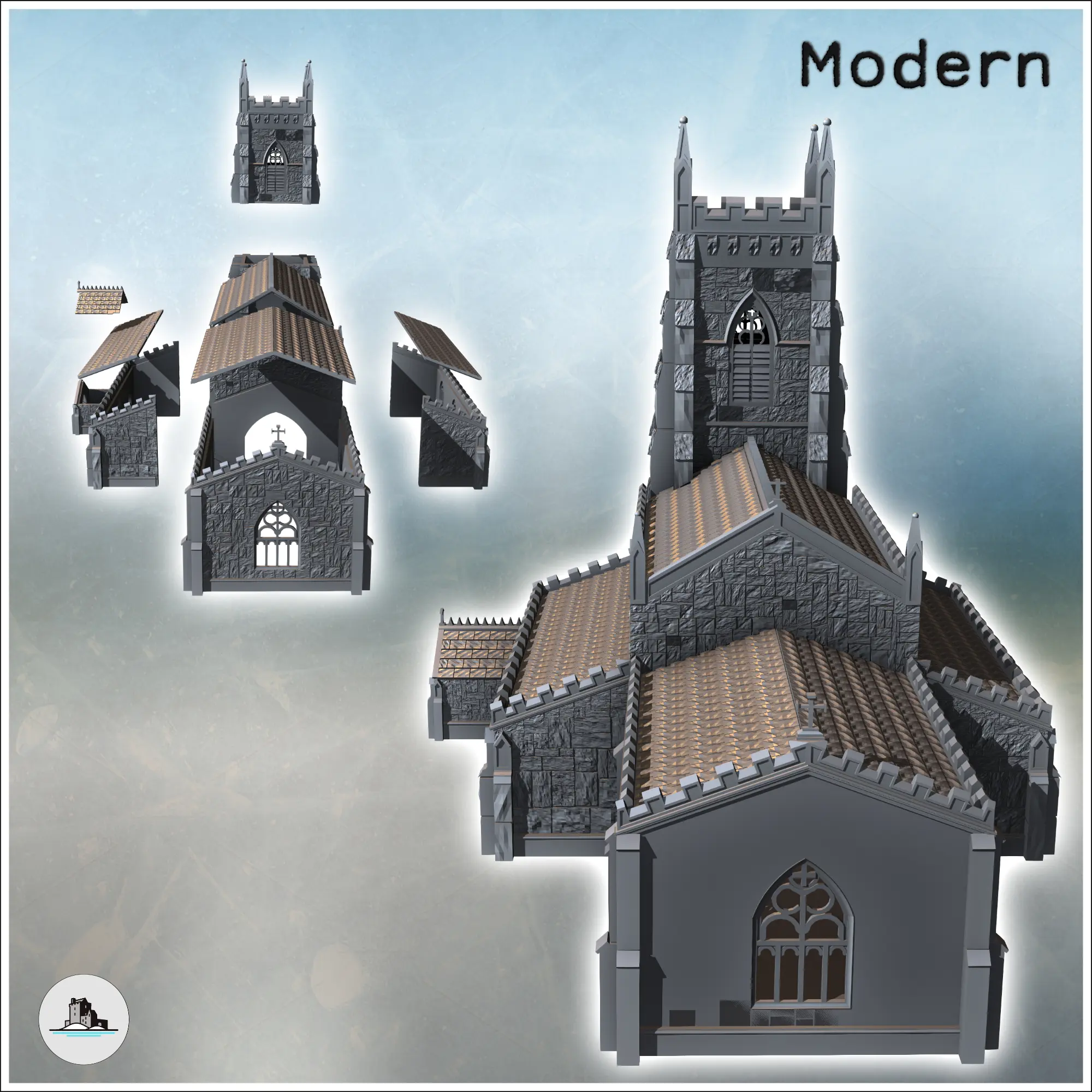 Igreja cristã com torre gótica de fachada quadrada e anel lateral