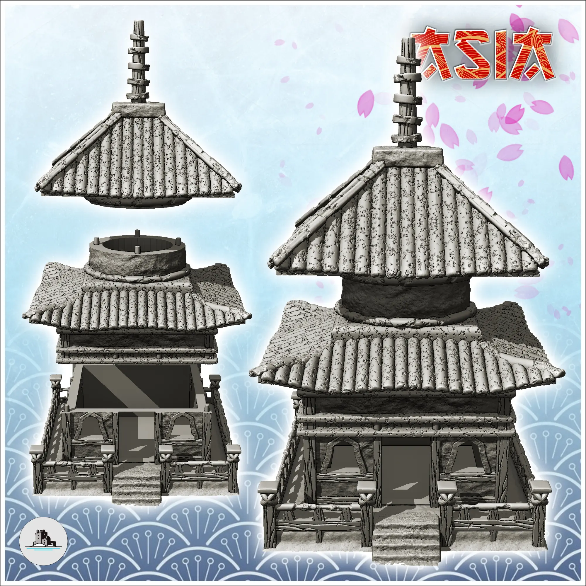 Pagoda oriental con escalera de acceso, tejado doble curvo y