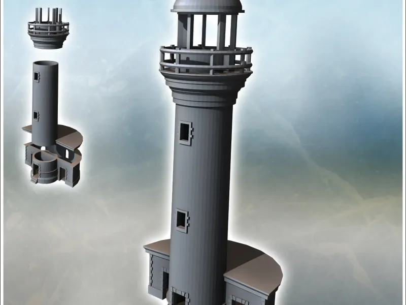Seaside lighthouse with semicircular annex building and arro