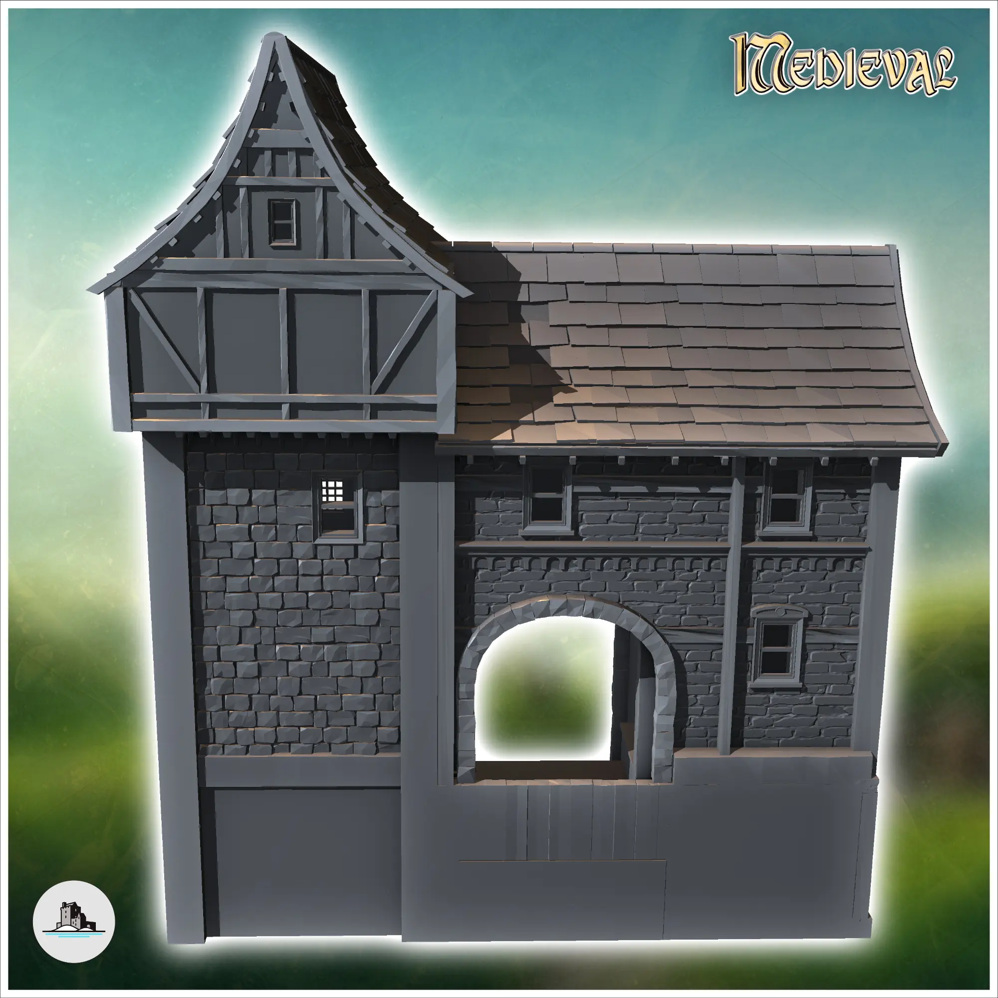 Medieval stone building with concave roof and central stairc