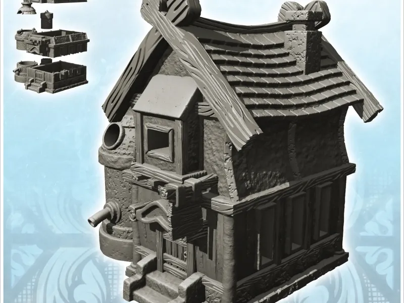 Medieval alchemist's workshop with annexed cistern and alcov