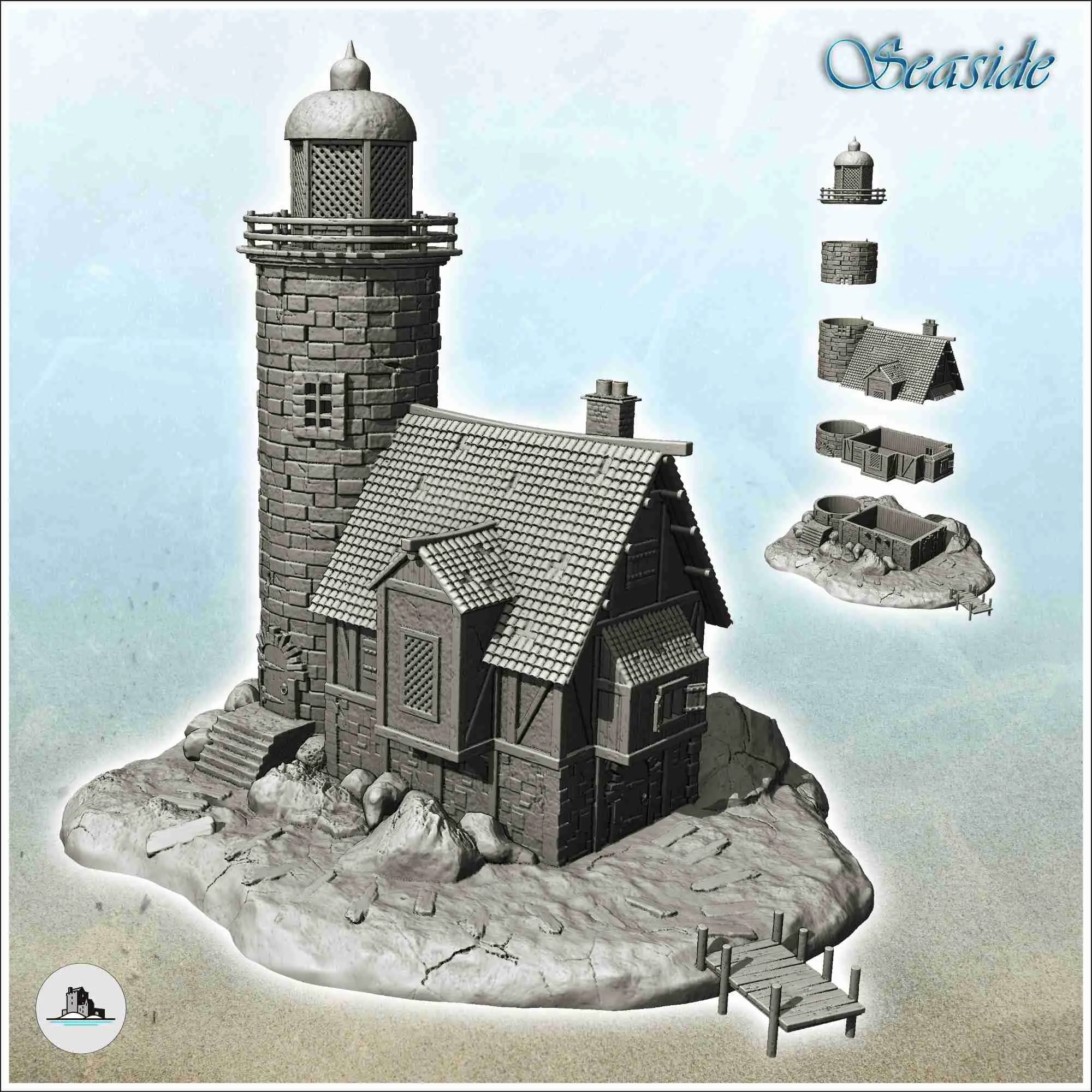 Faro medieval en isla con pontón de madera (10) - sce