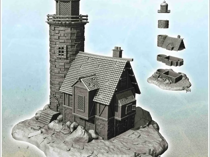 Medieval lighthouse on island with wooden pontoon (10) - sce