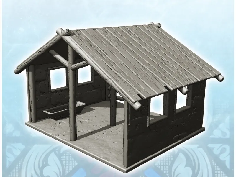 Open medieval stable with drinking trough and wooden roof (1