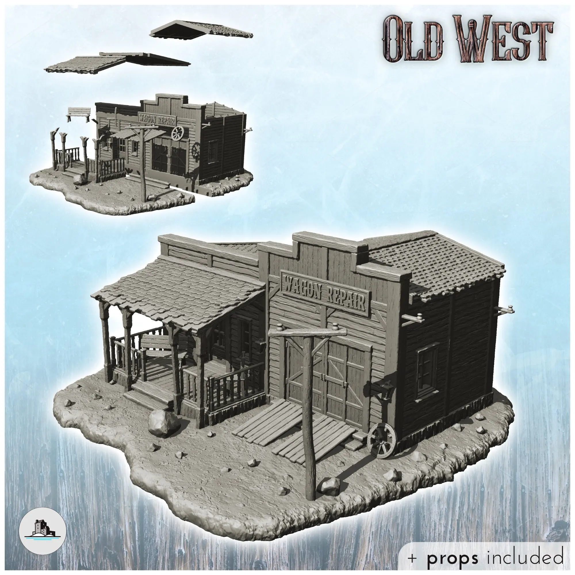 Wagon repair workshop with garage door and bench awning