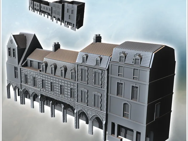 Set of modern multi-story buildings with colonnade passage a