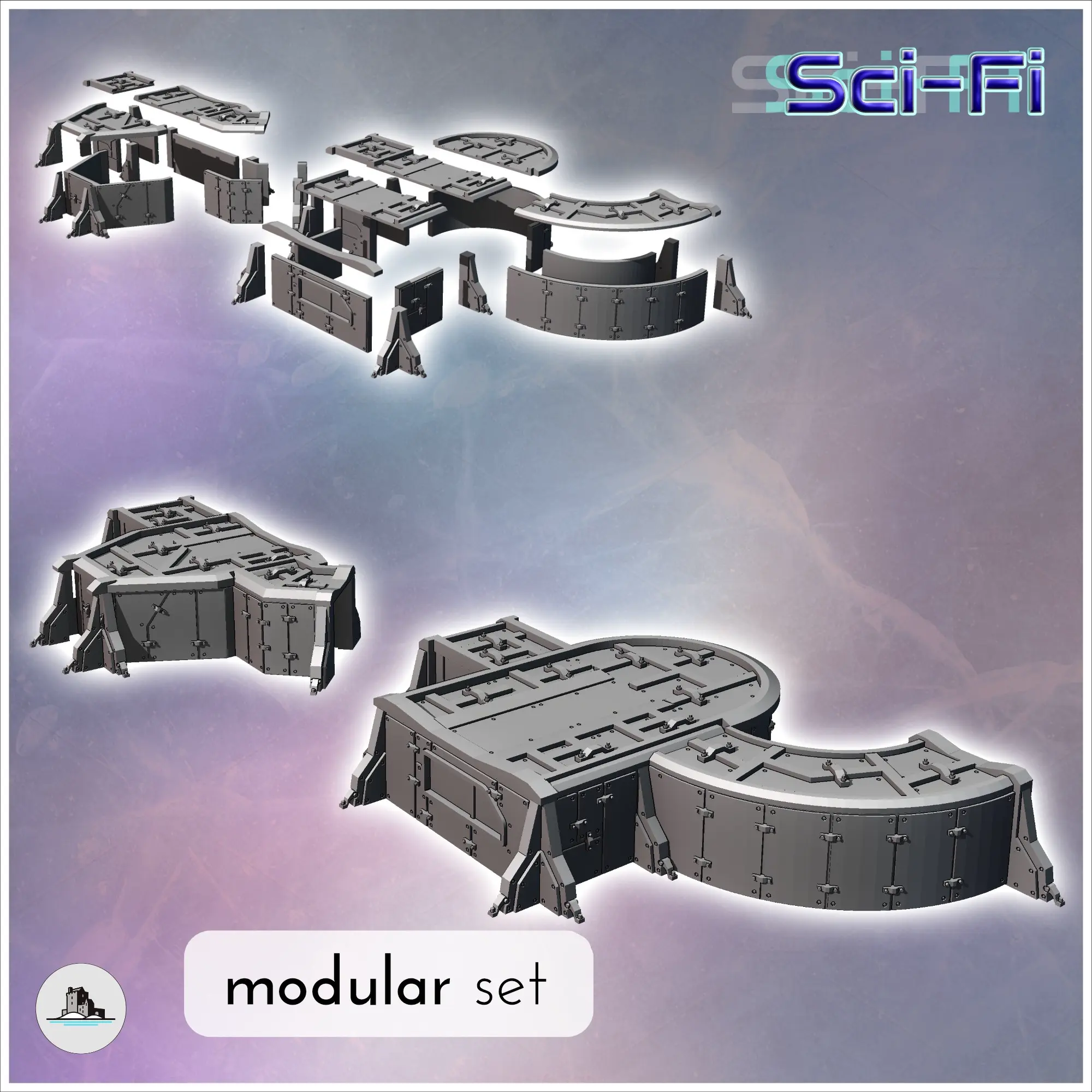 Modular futuristic Sci-Fi fortified bunker with corner metal
