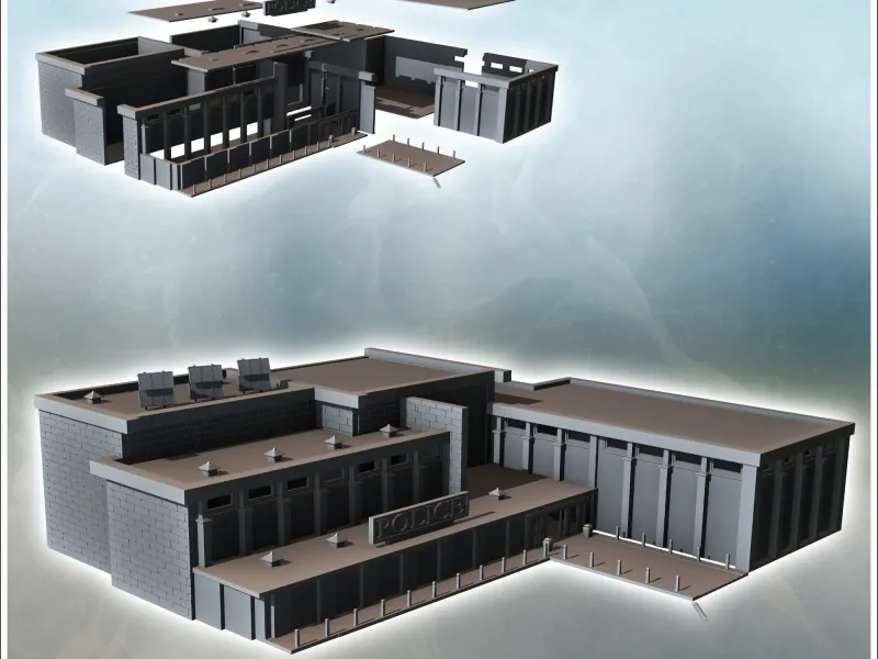Central police headquarters with multiple floors, flat roof,
