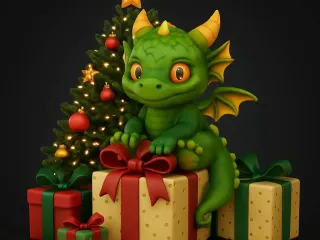 Baby Christmas Dragon Presents under the tree