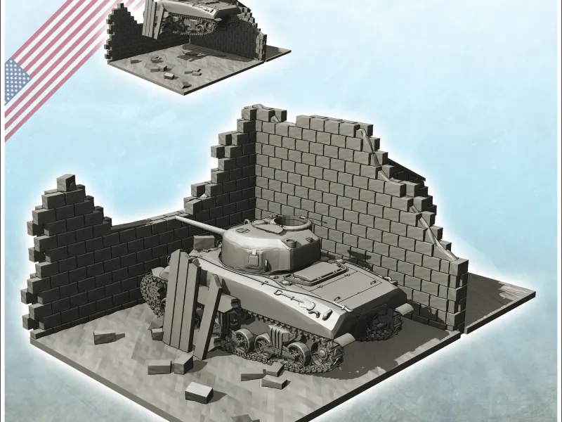 Ruin of Sherman M4 with walls and pieces of wood (4) - minia