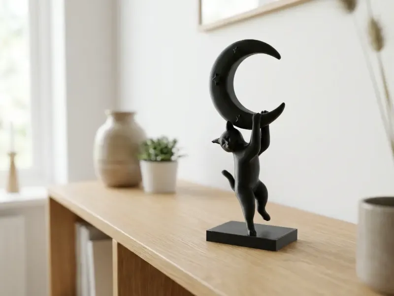 Playful Cat Holding a Crescent Moon Sculpture