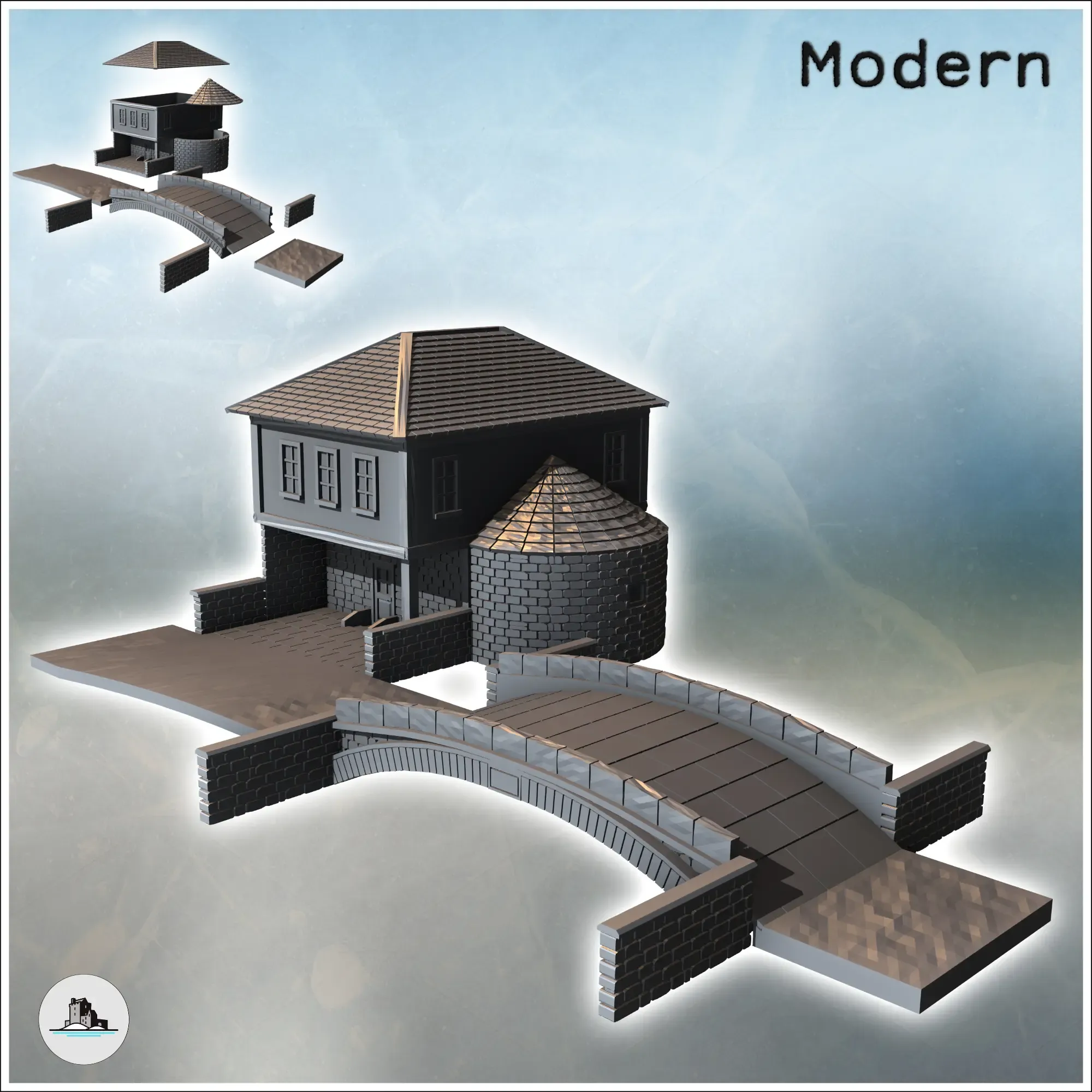 Set of rounded bridge and modern house with a four-sloped ro