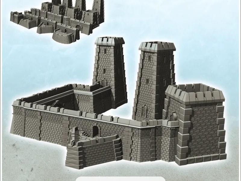 Conjunto modular de murallas y torres defensivas medievales de piedra (12