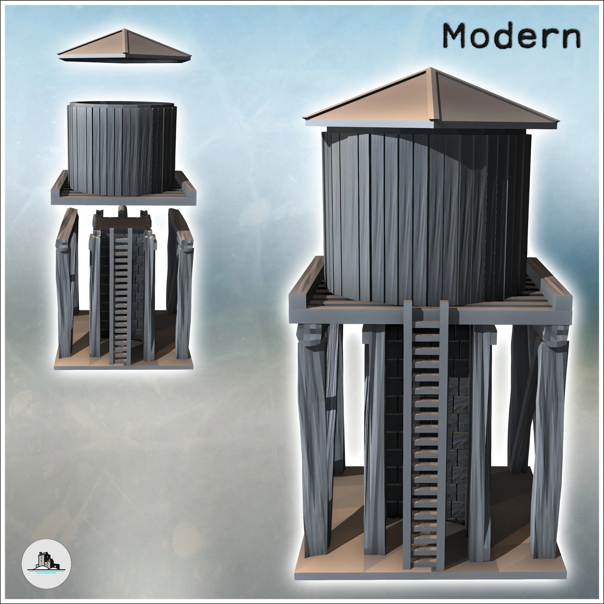 Water tank on wooden structure with metal faucet (2) - minia