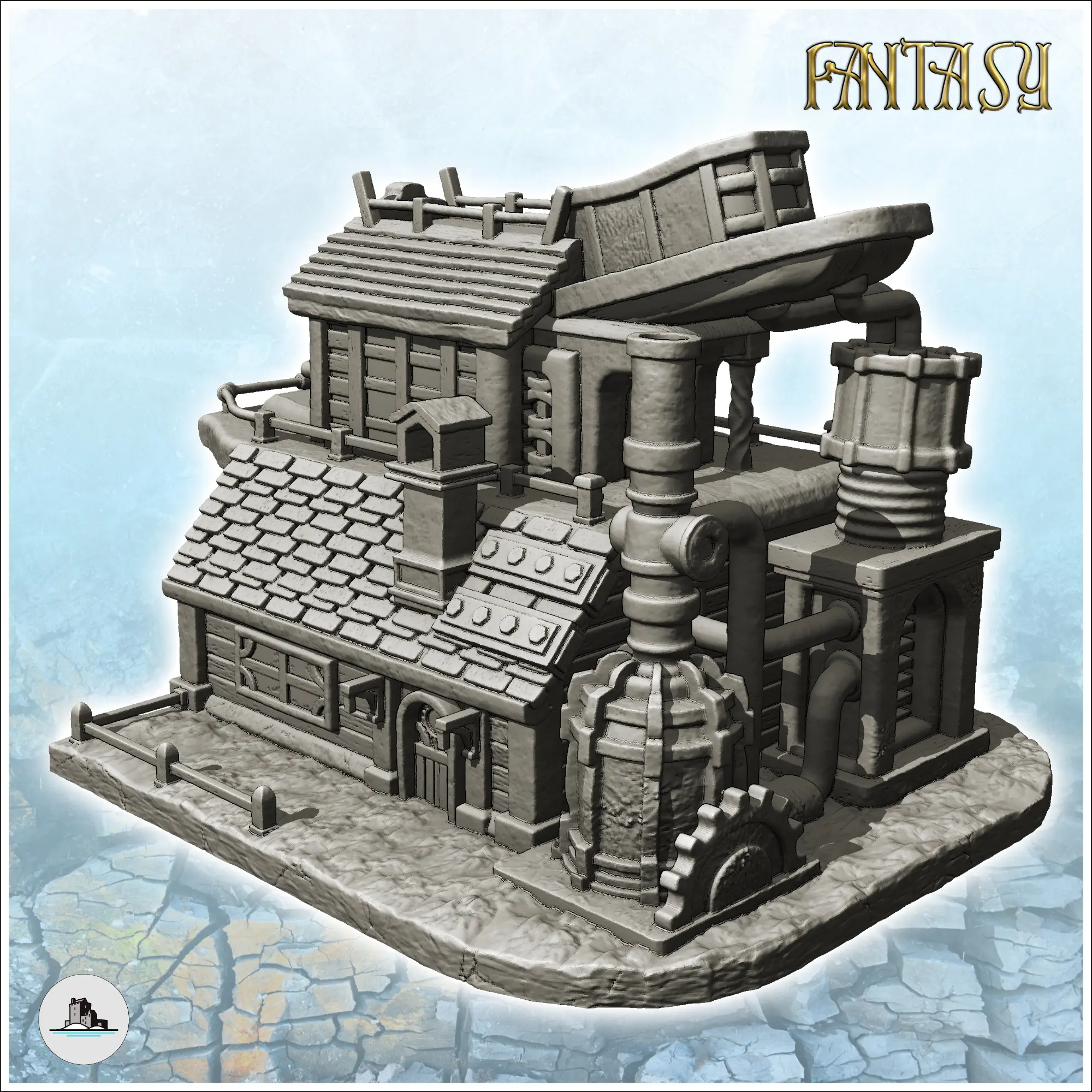 Taller steampunk con engranajes y máquinas de fuelle al aire libre