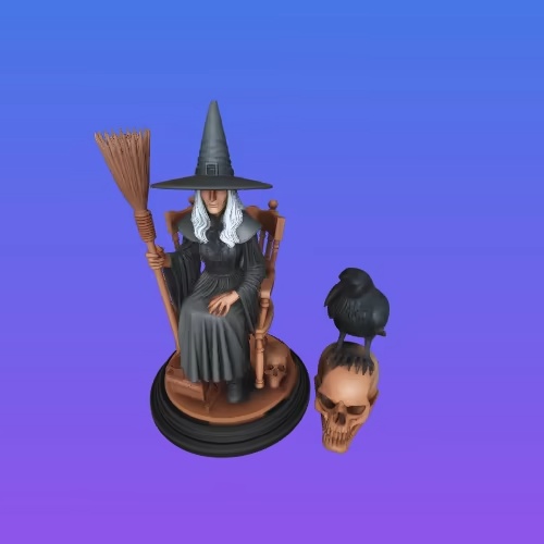 4246 Witch with Broom, Raven and Skull Color  STL DND ARTE-3