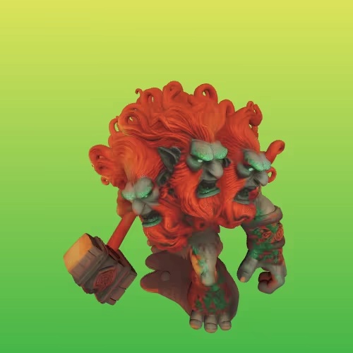 3917  Three-Headed Troll — 3D-Printed Fantasy Statue  STL-1