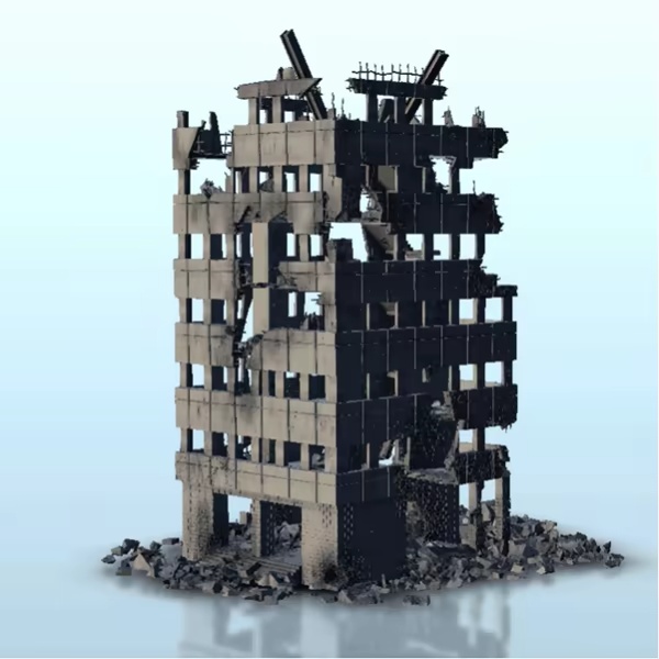 Destroyed modern apartment block 2 - modern scenery miniature