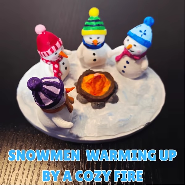 Snowmen warming up by a cozy fire