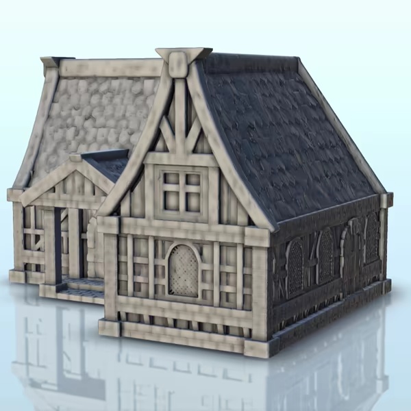 Casa medieval de madera y piedra con tejadillo y roo cóncavo