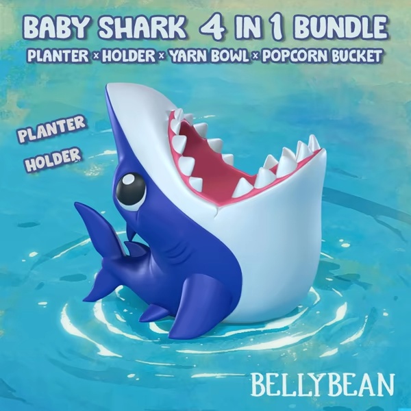 Baby Shark 4 in 1 Bundle Planter Bucket Yarn Bowl Popcorn