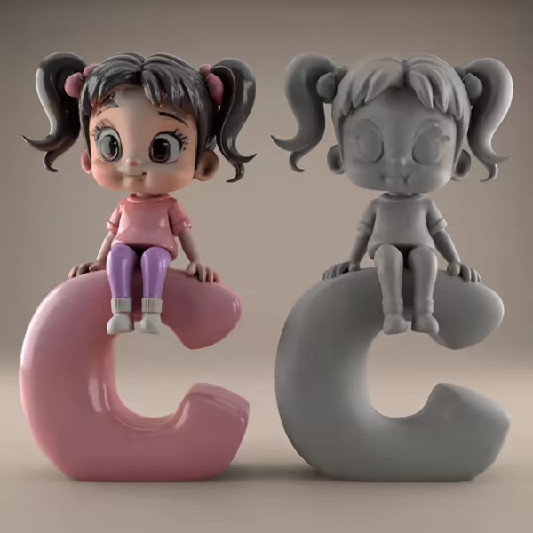 Cute Girl Sitting on Letter C STL – 3D Model for Decor