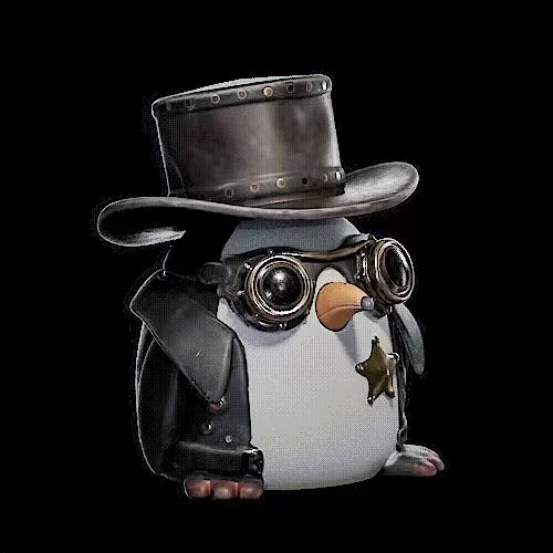 Steampunk-Pinguin, aufgeteilt in Schnabel, Hut und Körper