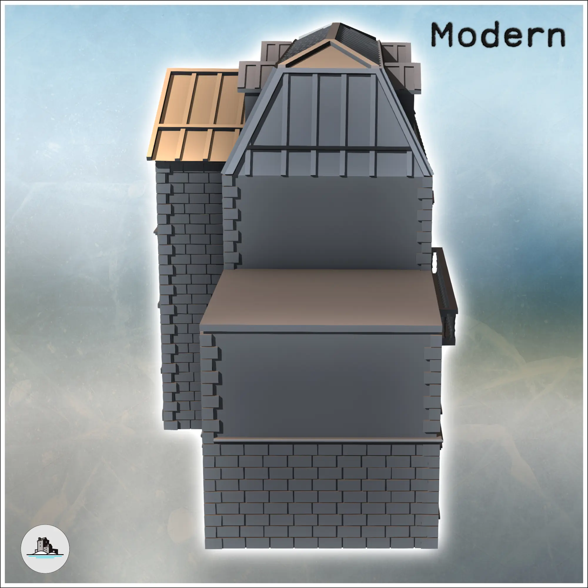 Large building with a zinc roof hewn stone base and flat-roo