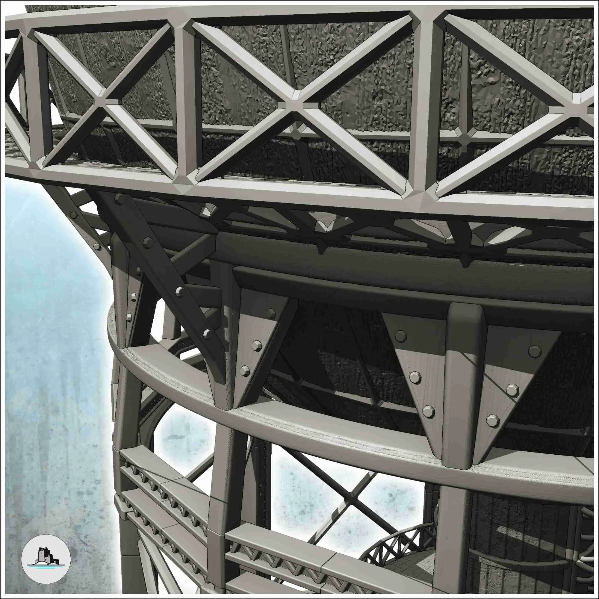 Torre industrial con depósito en la parte superior y estructura metálica (2