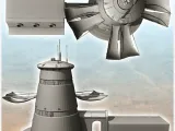 Round futuristic building with large hanging canvas canopy (-3
