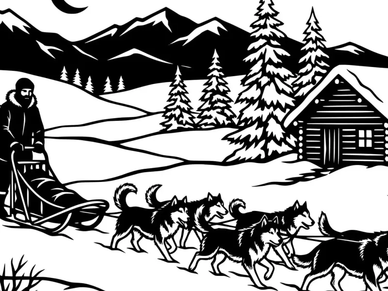 Wallart dogsled Husky winterlandscape single color easyprint