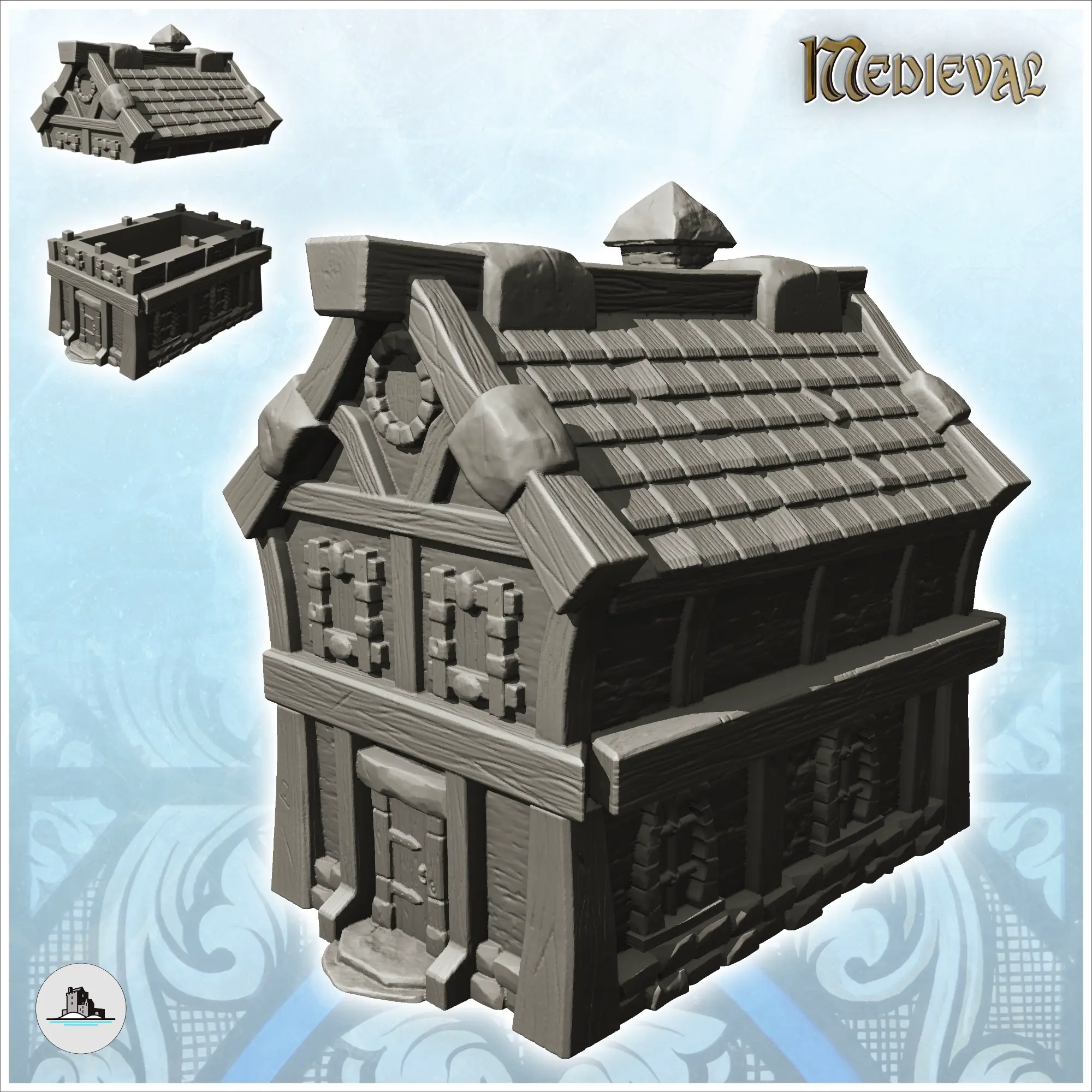 Medieval one-storey house with slate roof (1) - miniatures w